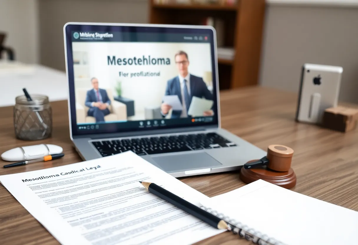 Webinar on mesothelioma claims featuring legal documents and a laptop.