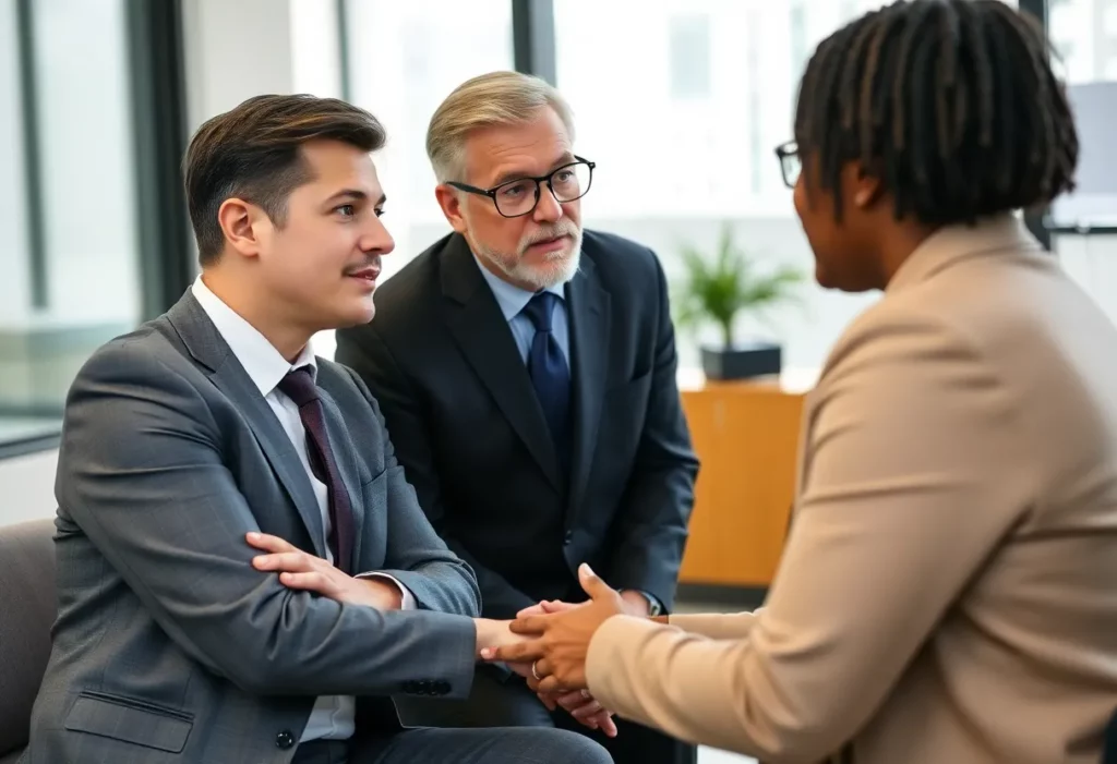 A mesothelioma lawyer discussing a case with a client in an office.