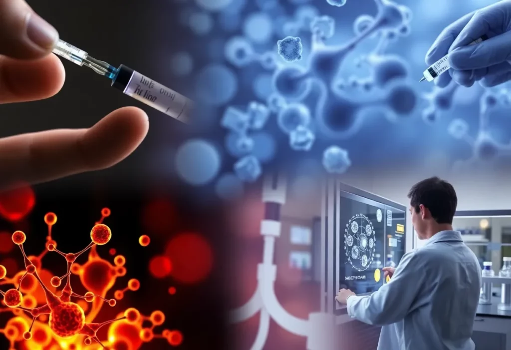 Collage showing various advancements in mesothelioma treatment including vaccination and research.