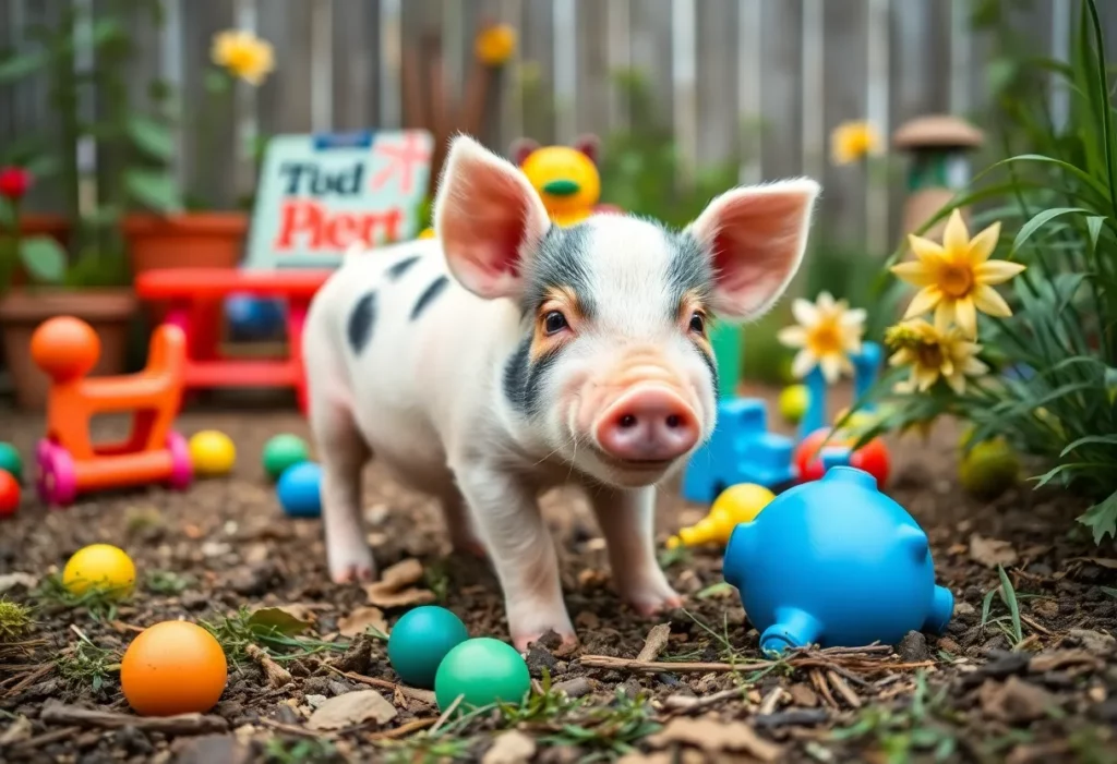 Miniature pig playing happily in a garden