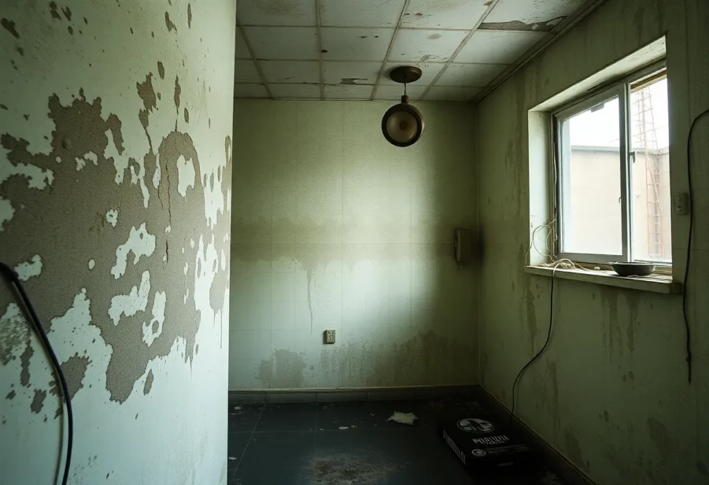 A public housing unit with visible mould and dampness issues.