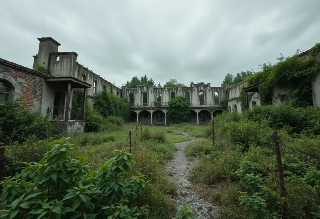 Abandoned Northeye prison site with crumbling walls
