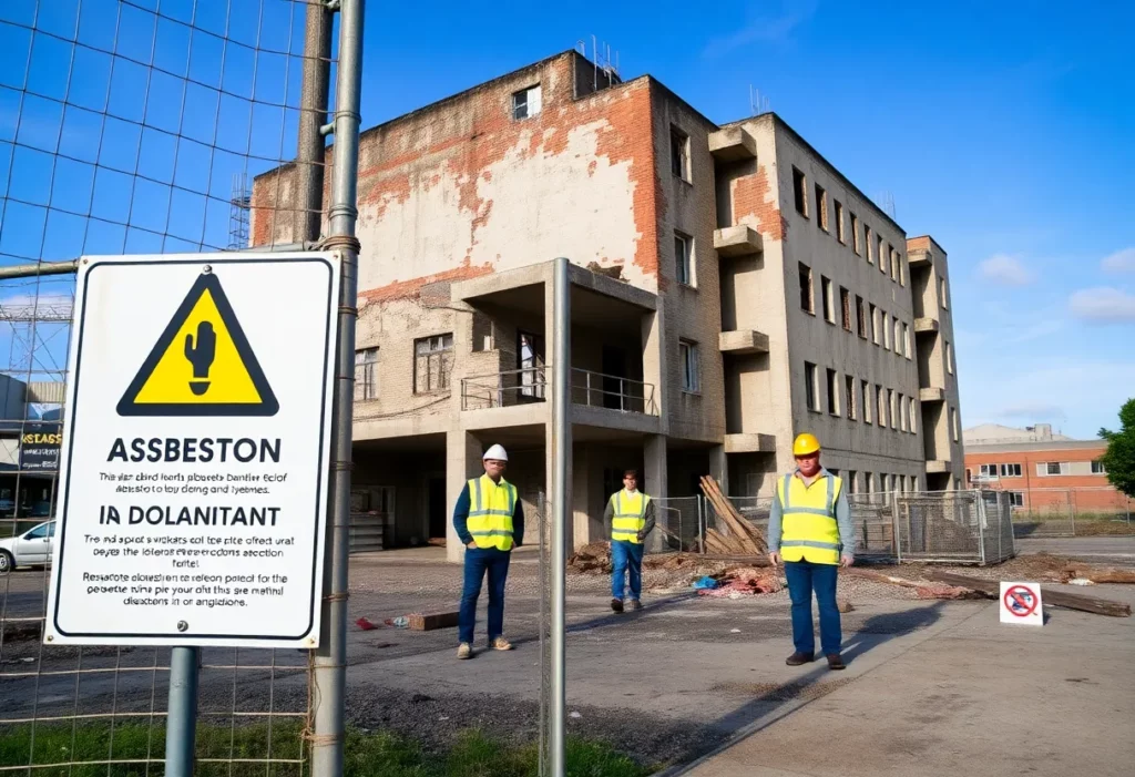 Demolition site showing asbestos contamination signs at Oberstown juvenile detention centre.