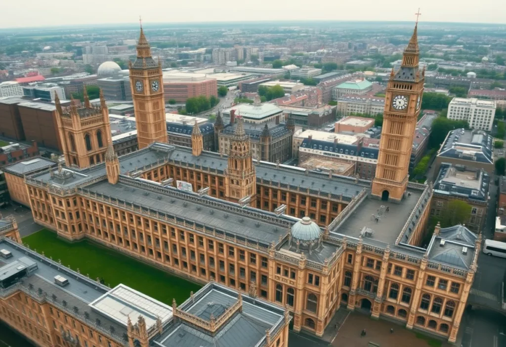 Aerial view of the Palace of Westminster with safety warning signs.