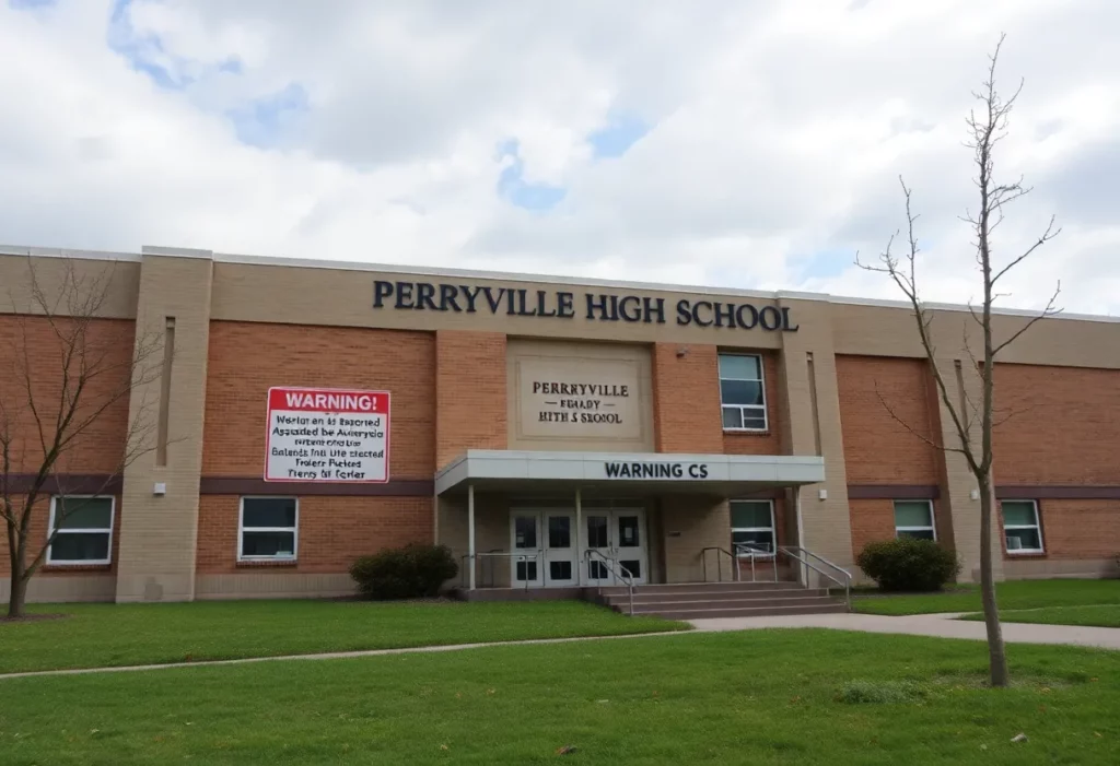 Warning sign about asbestos at Perryville High School post-tornado