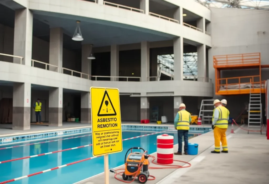 Construction workers removing asbestos from Peterborough swimming pool.