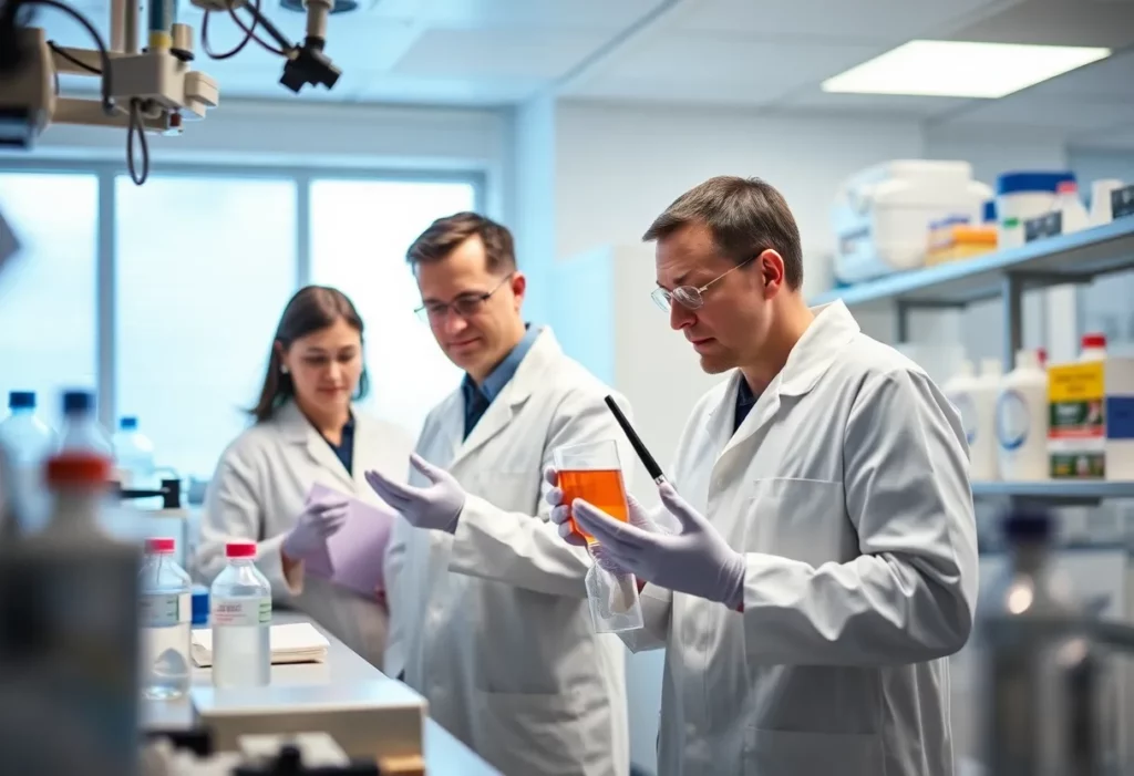 Scientists working on PORT-7, a breakthrough treatment for mesothelioma in a laboratory setting.