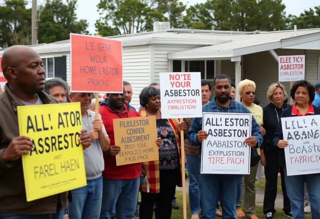 Residents protesting against asbestos exposure at Li'l Abner Mobile Home Park.