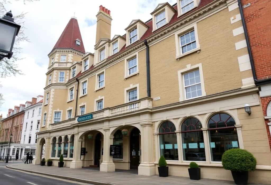 Queens Hotel Cheltenham exterior with safety signage regarding asbestos.