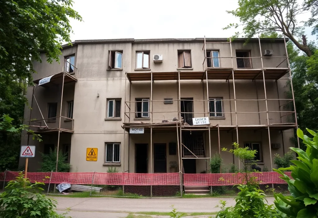 Raven Hotel with scaffolding and protective netting indicating safety repairs due to asbestos discovery.