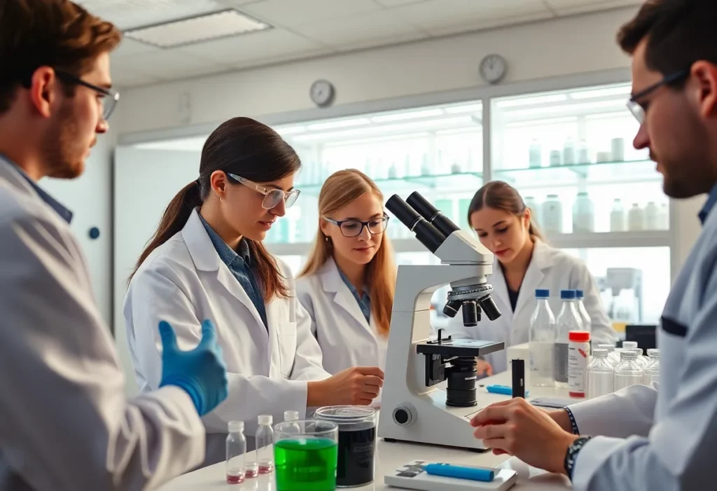 Researchers collaborating on mesothelioma studies in a lab