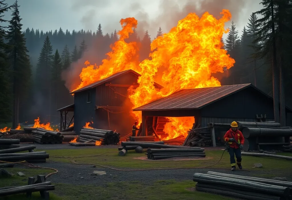 Old sawmill on fire in the New Forest