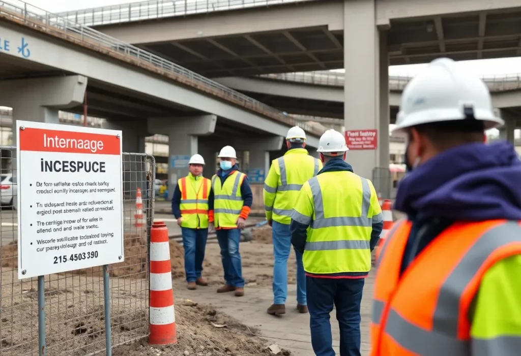 Construction site of Sierra College Boulevard I-80 interchange with safety signs