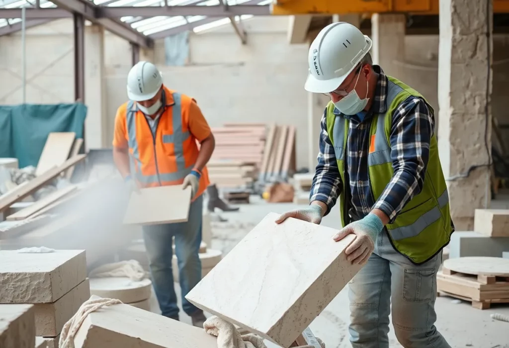 Workers in a construction site with artificial stone