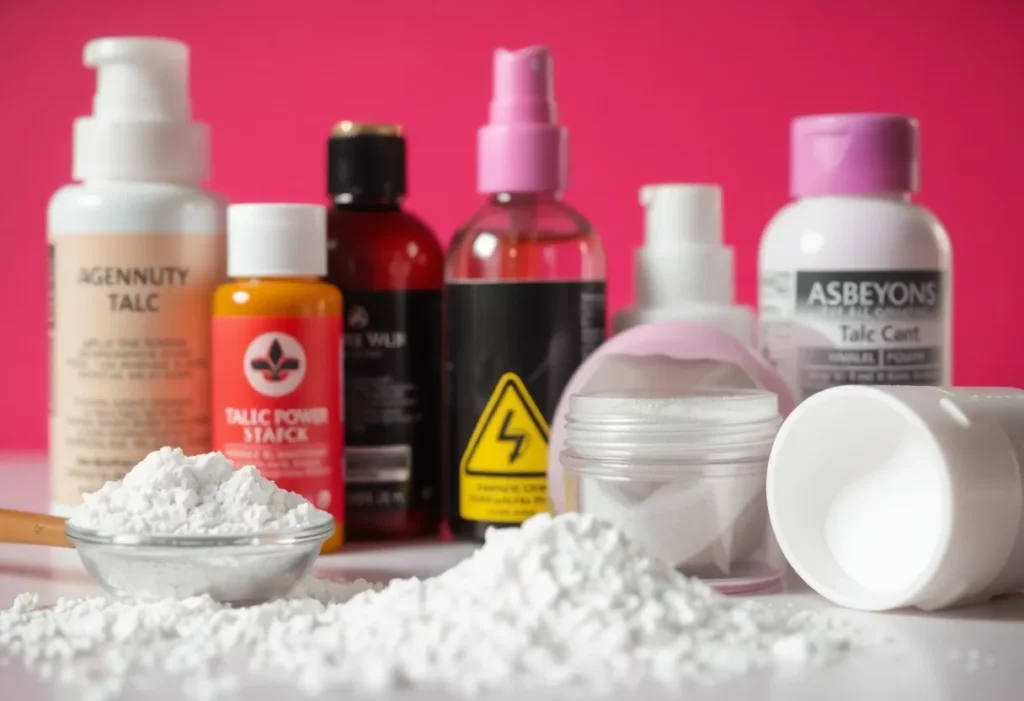 Close-up of beauty products containing talc with a warning about asbestos contamination.