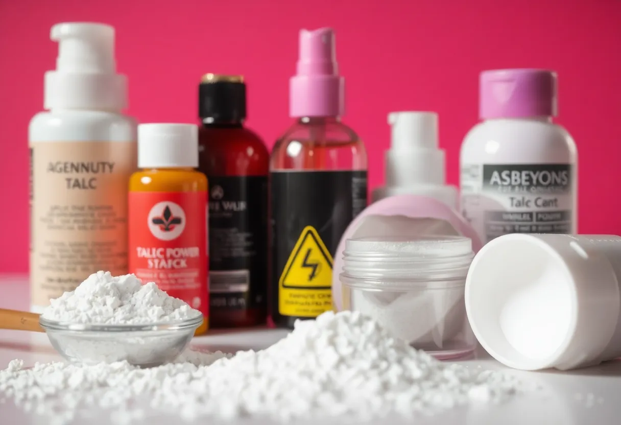 Close-up of beauty products containing talc with a warning about asbestos contamination.