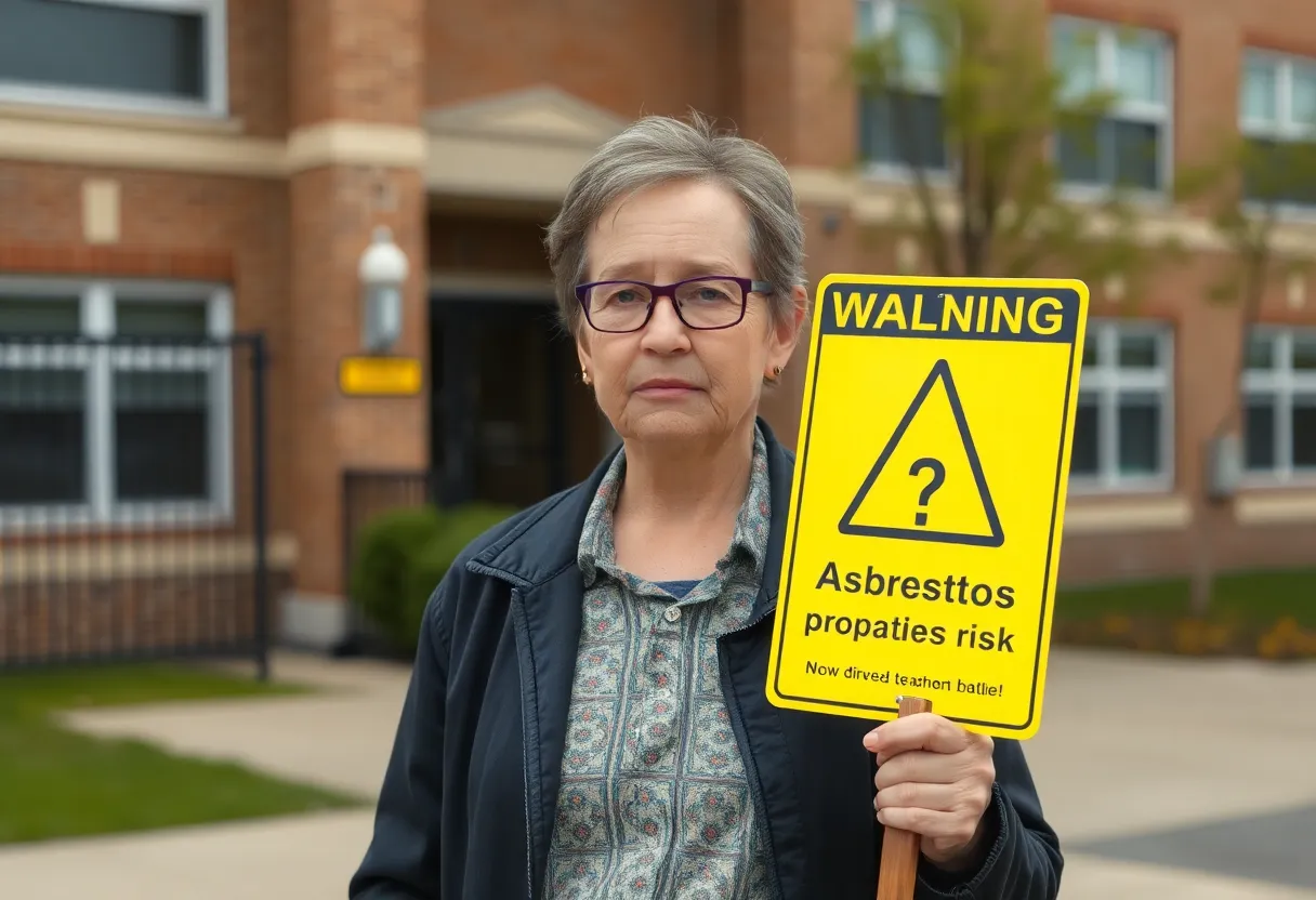 A former teacher standing outside a school with an asbestos warning sign