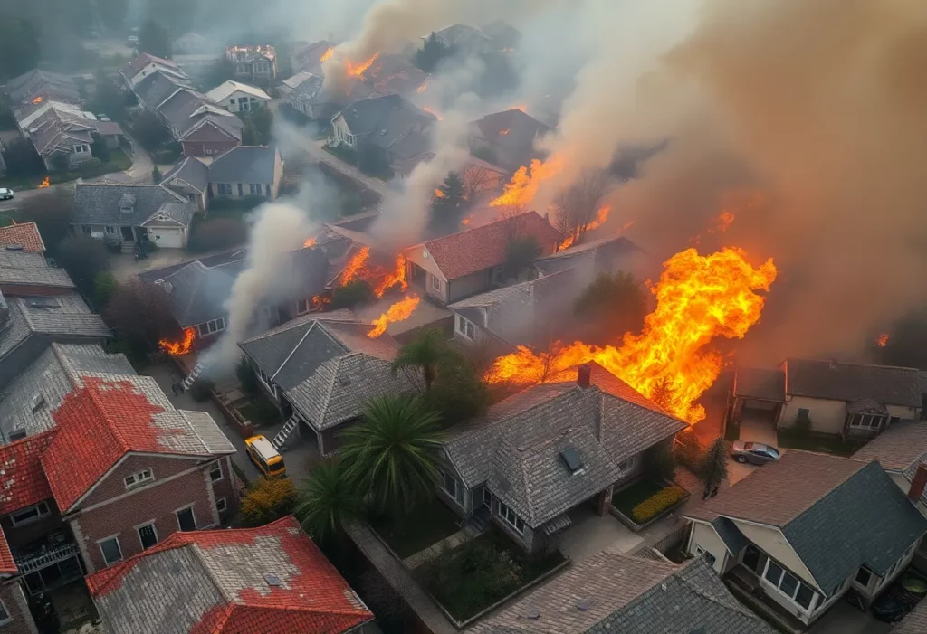 A massive fire raging through buildings in Tirupattur with smoke rising and community members assisting.