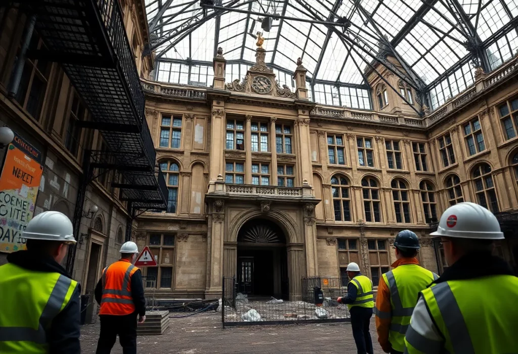 A view of the UK Parliament building showing signs of wear and asbestos risk with safety workers present.