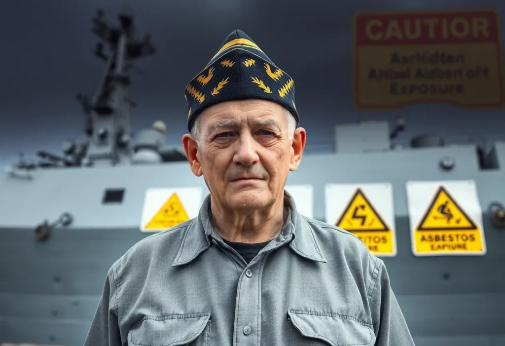 A veteran stands by a military ship with asbestos warning signage.