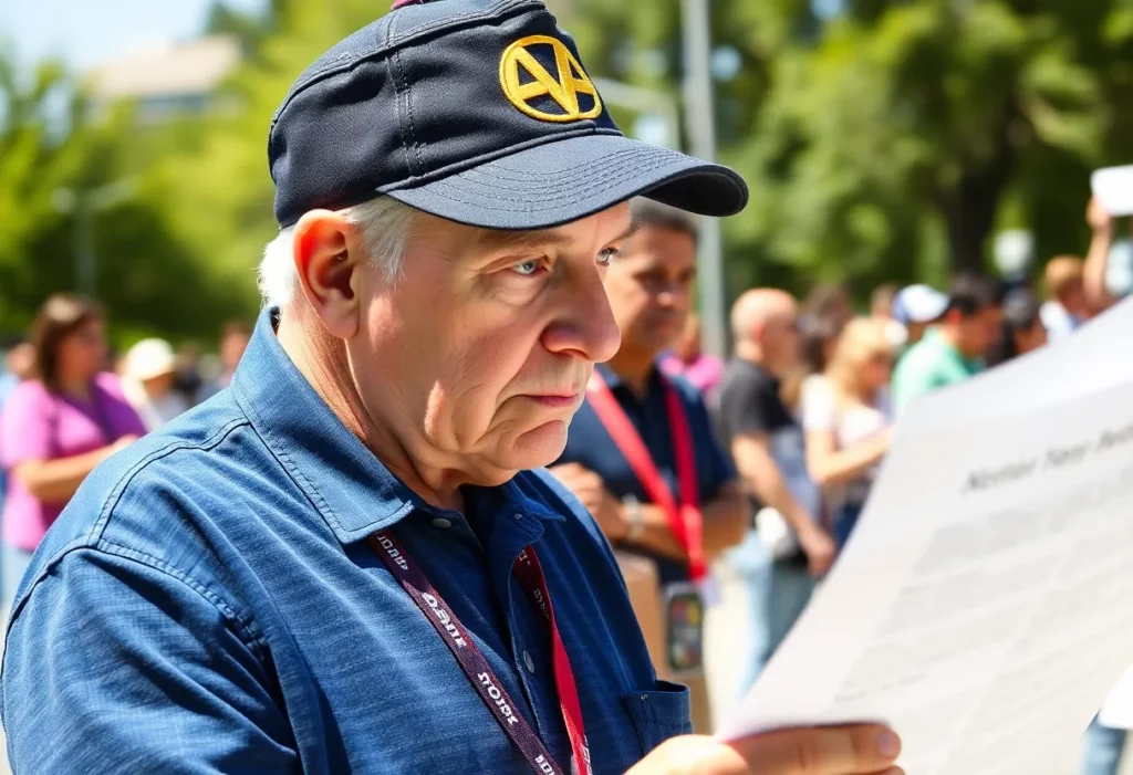 A veteran showing concern while reading health documents at a community event.