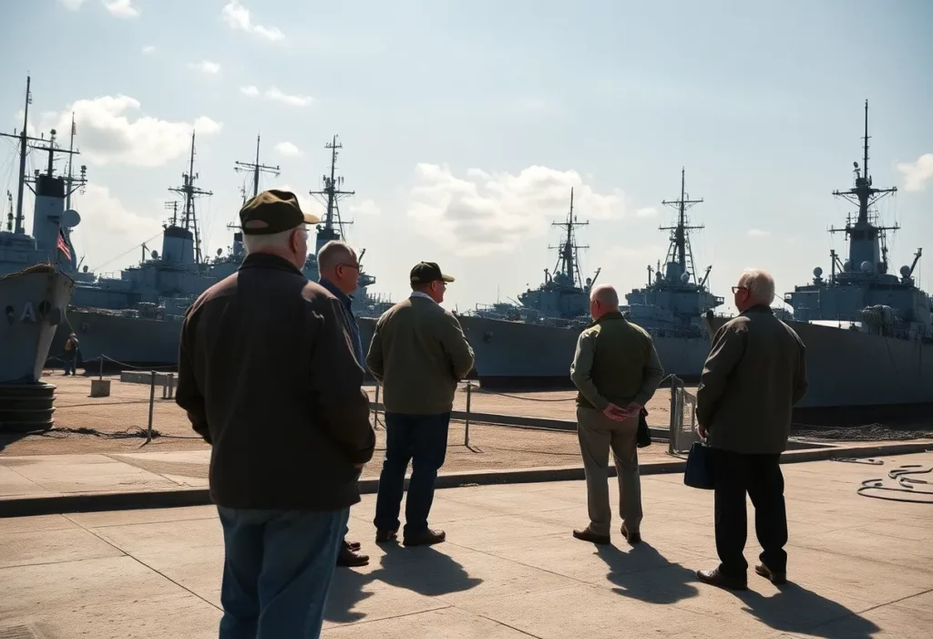 Veterans viewing military ships, representing the threat of asbestos exposure.