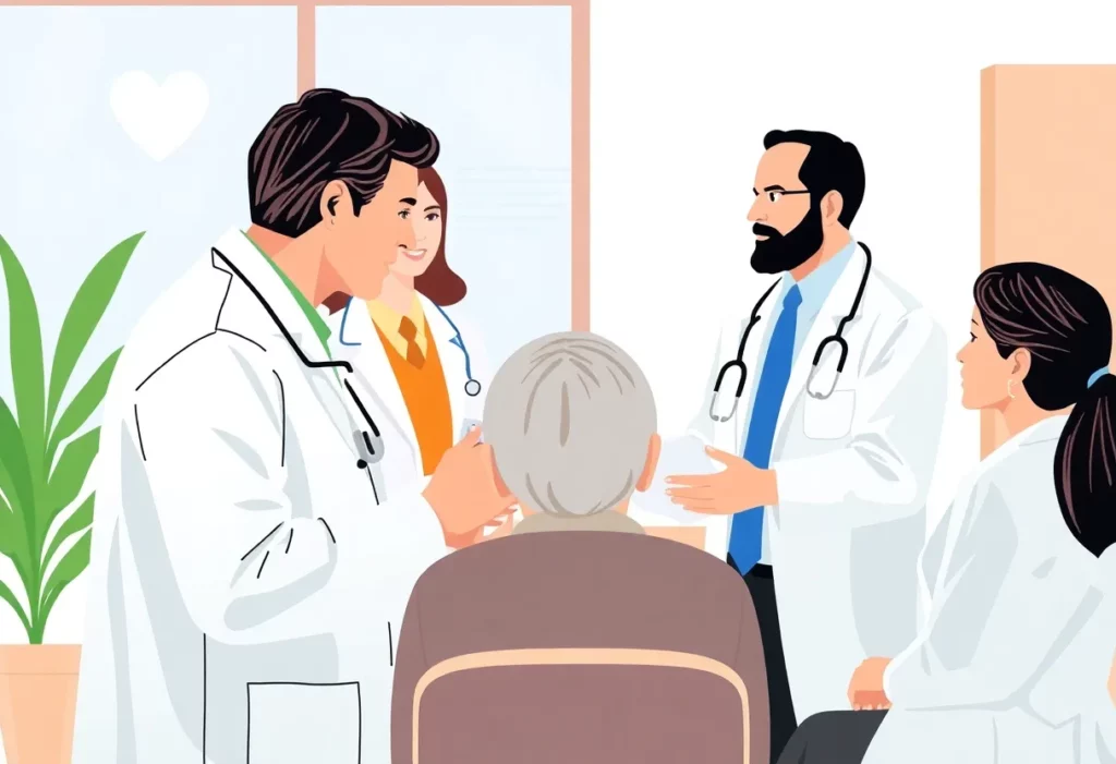 Researchers discussing mesothelioma treatments during clinical trials.