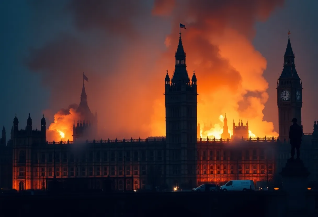 Palace of Westminster with smoke effects indicating fire risks