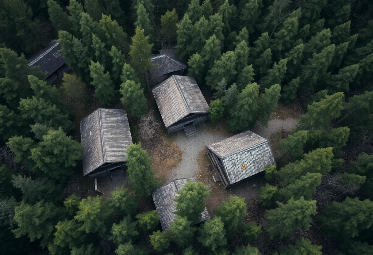 Old cabins in Ulster with asbestos warning signs