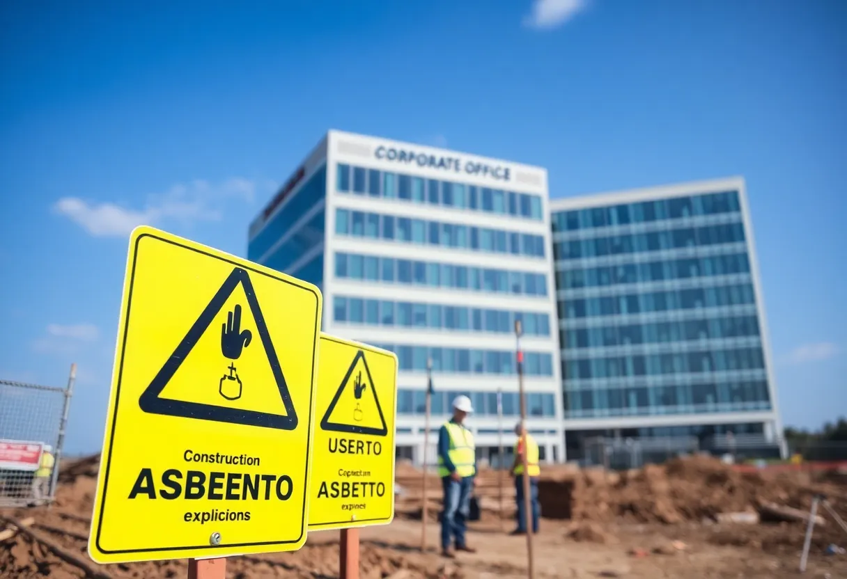 A construction site highlighting asbestos warning signs with workers in protective gear.