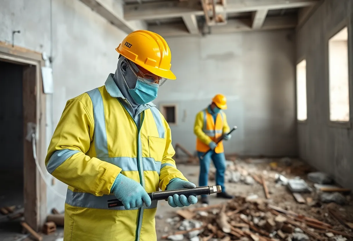Workers performing asbestos abatement services on a construction site.