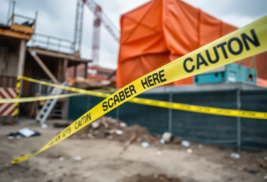 Construction workers on an asbestos abatement site with safety violations.