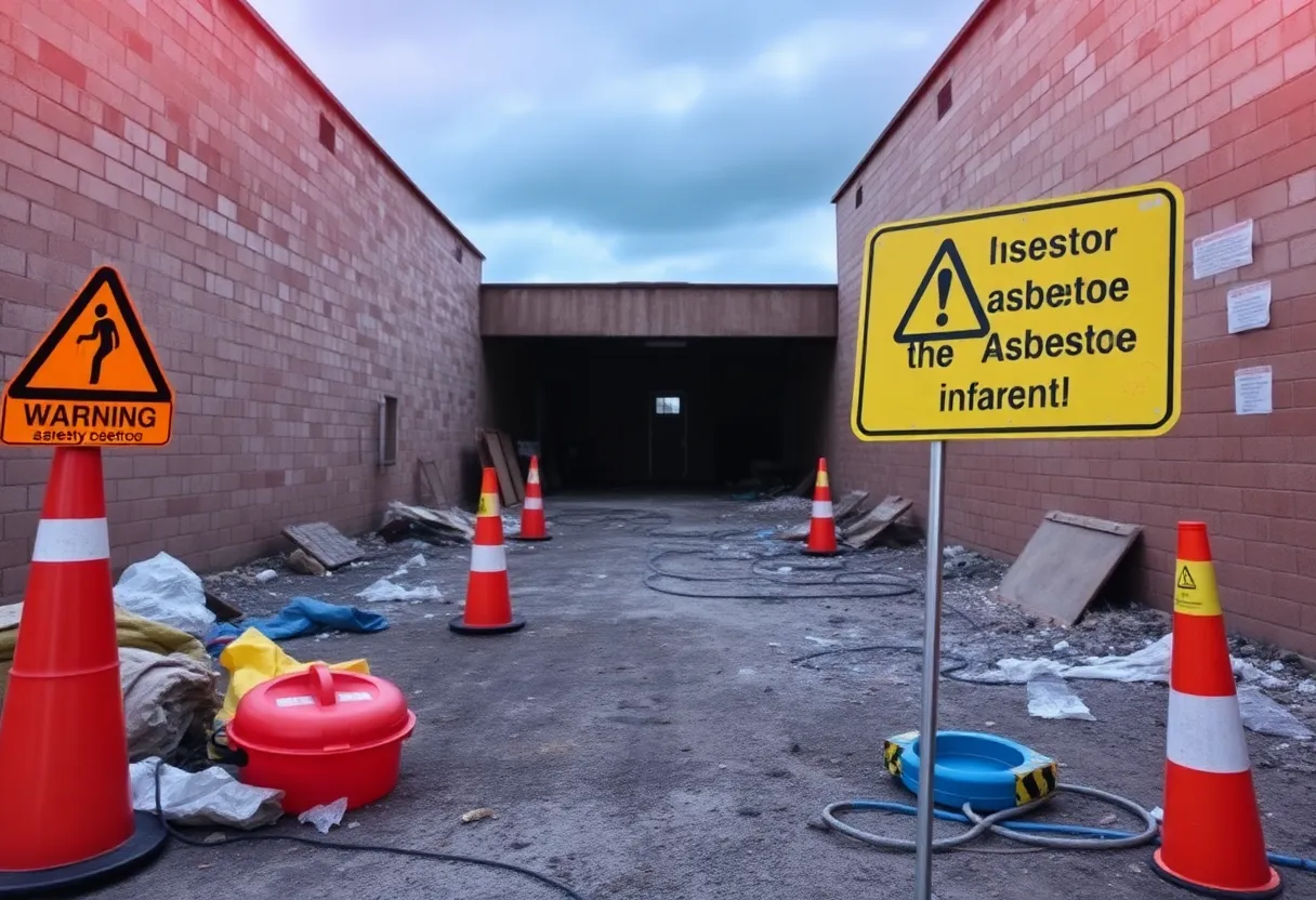 A construction site with warning signs indicating asbestos abatement violations.