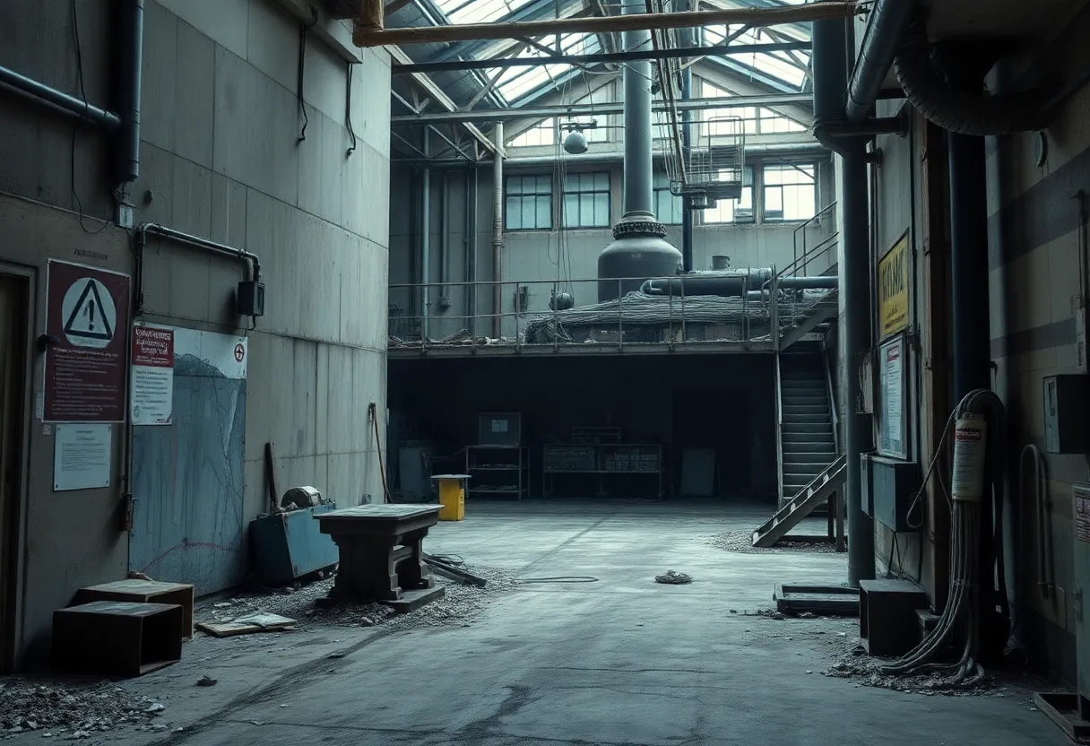 Industrial site with danger signs depicting asbestos concerns