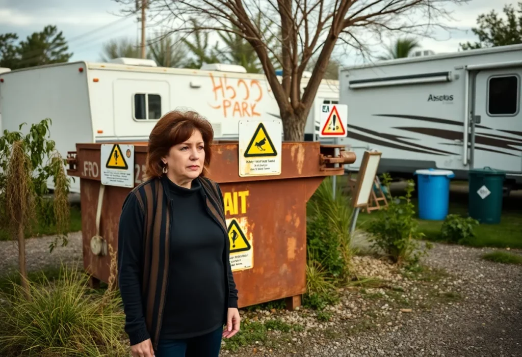 Rusty dumpster indicating asbestos hazard near RV park