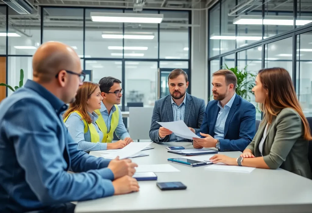 Team of professionals discussing asbestos consultancy services in a modern office.