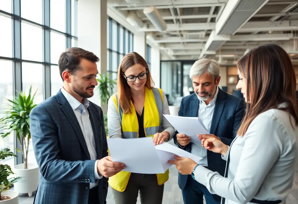 Professionals analyzing asbestos consultancy documents
