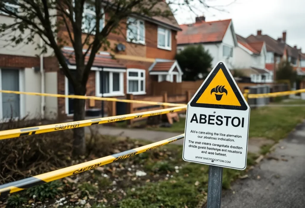 Warning sign about asbestos contamination in a residential area