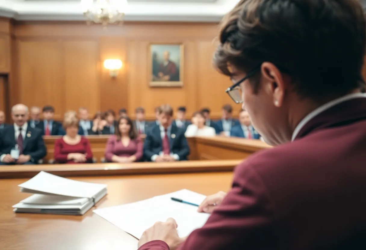Courtroom scene addressing the asbestos corruption case