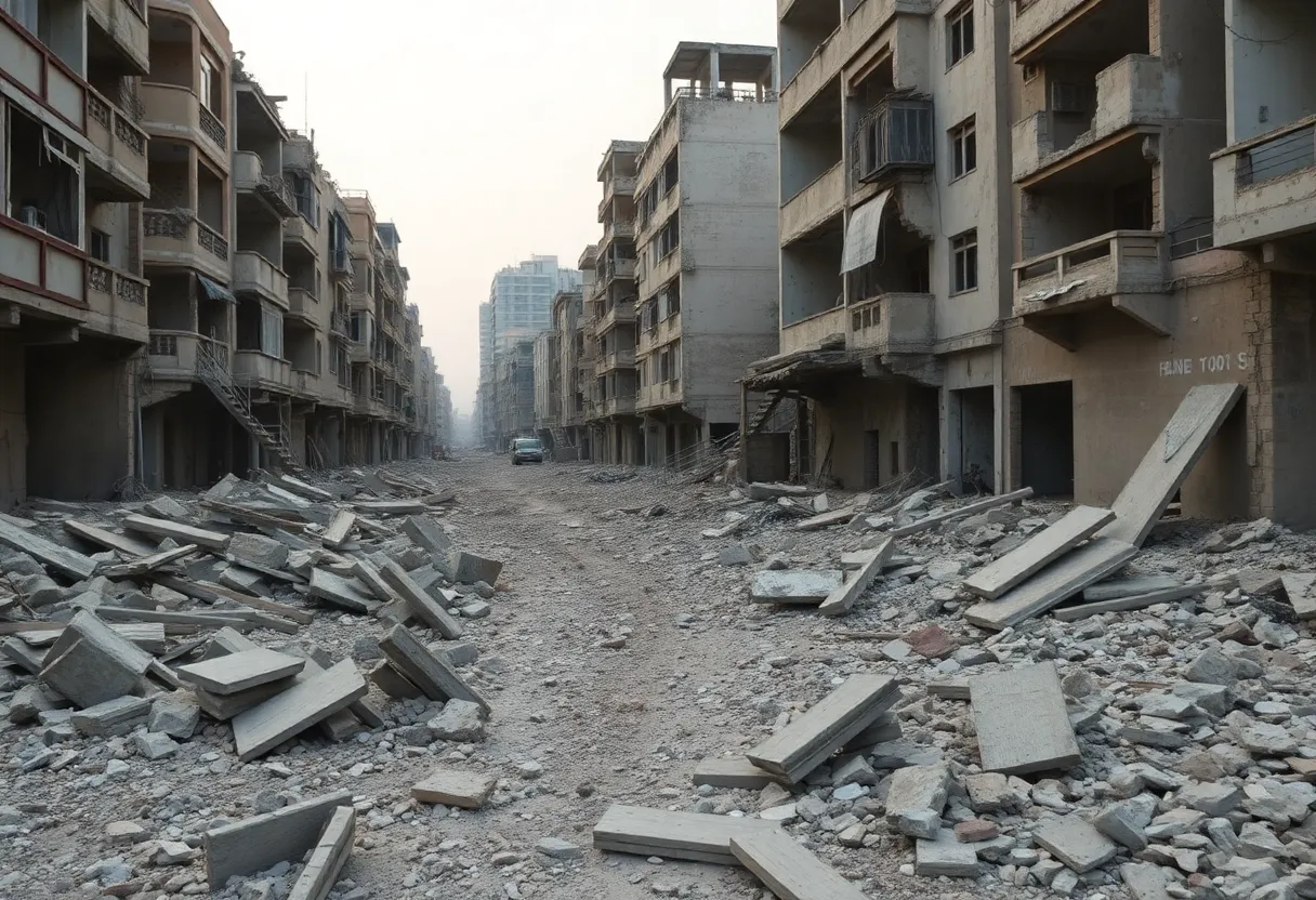 Devastated Gaza cityscape with rubble, illustrating asbestos dangers.