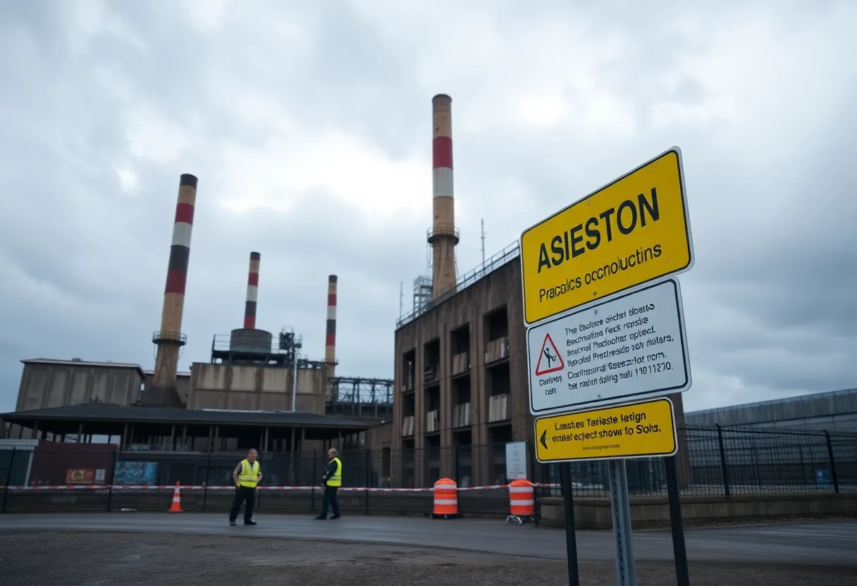 Workers in protective gear at a decommissioning site addressing asbestos safety