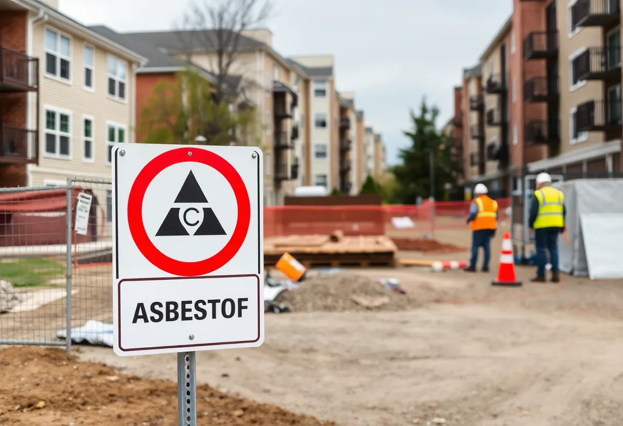 Construction site sign warning of asbestos in Trumbull Center