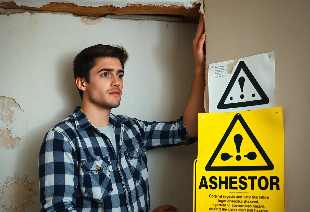 A worried young homeowner inspecting a wall for asbestos during a DIY renovation.