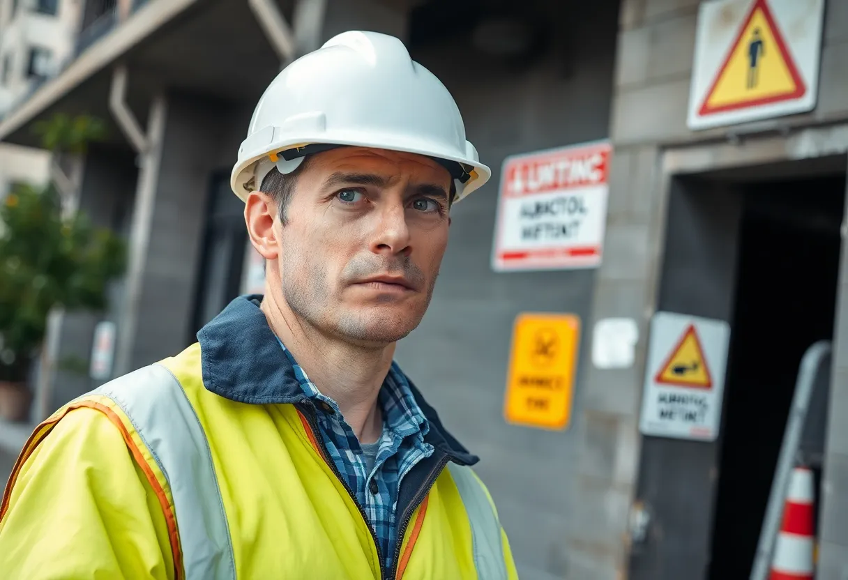 Construction worker checking for asbestos in a building