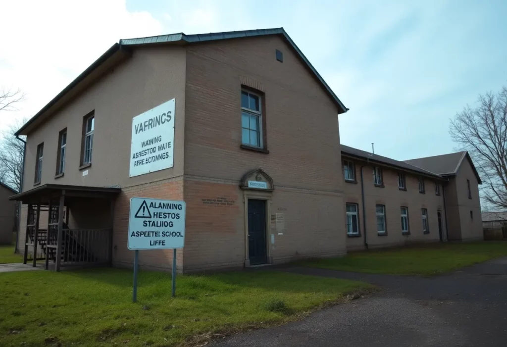 An old school building with an asbestos warning sign