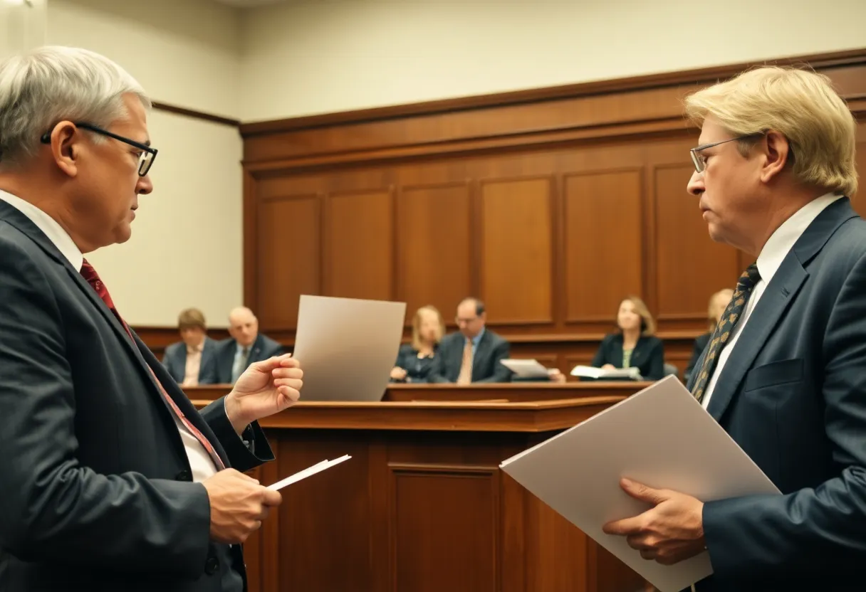 A courtroom setting focused on asbestos litigation with legal professionals discussing cases.