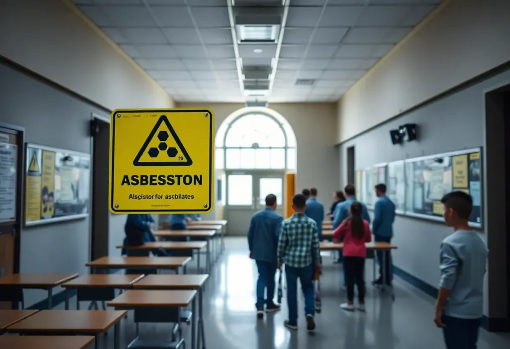 School building with asbestos warning signs