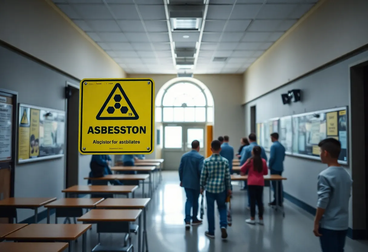 Concerned parents and students discussing asbestos safety in a classroom