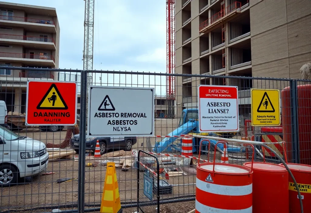 Construction site fence with asbestos removal warning signs