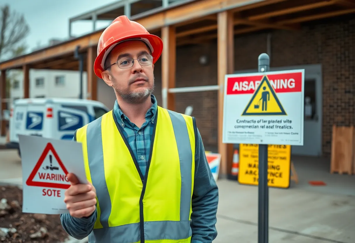 Postal worker observing asbestos warning signs.